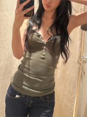 Lunivop Six Buttons Army Green Slim Tank Top Woman Summer Y2KStreetwear U Collar Sleeveless Cotton Vest American Vintage Basic Tops New