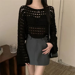 Lunivop Long Sleeve Crochet Knit Top Summer Beach Bikini Cover Up Crop Pullover Wool Knitwear Blouse Women Vacation Boho Outfit