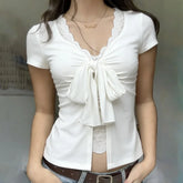Lunivop High Street American Spliced Lace Fake Two Piece Y2k Pleated Bow Design Spice Girl Clothes Summer Sweet Casual Punk Tops