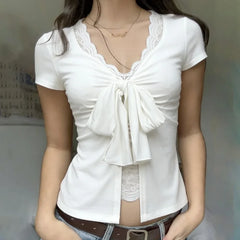 Lunivop High Street American Spliced Lace Fake Two Piece Y2k Pleated Bow Design Spice Girl Clothes Summer Sweet Casual Punk Tops