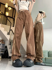 Lunivop Tie Dye Retro Brown Jeans Women High Waist Streetwear Y2K Denim Pants American Loose Casual Lady Vintage Harajuku Trousers