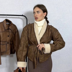 Lunivop Women Elegant Irregular Hem Plush Lapel Coats Fashion Lace Up Pocket Long Sleeved Jacket 2024 Autumn Winter New Warm Outwear