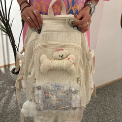 Lunivop Hot Girls Y2k Backpacks Women Harajuku Aesthetic Bear Bone Lace Large Capacity Schoolbag Ladies Vintage White Mochila