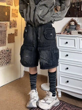 Lunivop American street oversized washed vintage multi pocket women workwear denim shorts high waisted straight leg pants