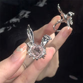 Lunivop Korea Cute Rabbit Ear Rings Girl Women Bunny Zircon Jewelry Opening Rings For Girlfriend Sweet Cool Wind Jewelry Gifts