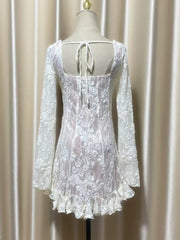 Lunivop Fashion Lace Dress Women's Square Collar Long Sleeve Backless Casual Dresses 2025 Summer New Tide