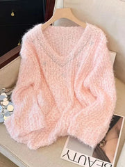Lunivop Pink Sweet Knitted Sweaters Women Fashion Lazy Wind Diamond Elegant Jumper Korean Chic Long Sleeve Loose Fall Winter Pullovers