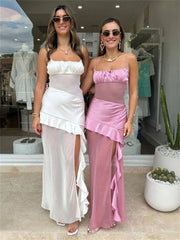 Lunivop Ruffled Patchwork Summer Long Dress For Women Backless Slim See-Through Halter Dresses Women's Spaghetti Maxi Dress 