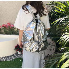 Lunivop Silver Y2k Backpack Women Harajuku Drawstring Pu Leather Large Capacity Backpacks Schoolbag Student Retro Y2k Mochila
