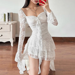Lunivop Goth Dark Fairycore Lace Flare Sleeve Square Neck A-line Dress Sweet E-girl Irregular Long Hem Dresses Cyber Y2K Party Vestido