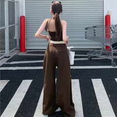 Lunivop Summer New High Street Contrast Color Patchwork Sexy Irregular Camisole Women + Loose Casual Wide Leg Pants Two-piece Suit