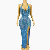 Lunivop Blue Red Black Rhinestones Crystals Chain Heavy Luxury Gowns Sexy V-neck Backless Dress Women Party Show Photoshoot Stage Wear