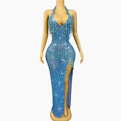 Lunivop Blue Red Black Rhinestones Crystals Chain Heavy Luxury Gowns Sexy V-neck Backless Dress Women Party Show Photoshoot Stage Wear
