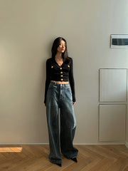 Lunivop Gold Button Front Knit Cardigan Women Long Sleeve Crop Sweater Jacket Fitted Top Teen-girl Fall Winter Vintage 90s Outfit