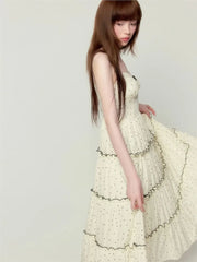 Lunivop Sweet Gentle Style Polka Dot Print Long Camisols Cake Dresses Women's Summer Spliced Lace V-neck Sleeveless Bow Suspender Dress