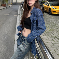 Lunivop Polo Collar Contrast Color Plaid Loose Casual Long-sleeved Shirt Women Summer New High Street Fashion Frayed All Match Tops