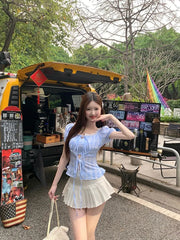 Lunivop Blouse Women Sweet Elegant Plaid Lace Patchwork Bandage Puff Short Sleeve Crop Tops Square Collar Female Casual Shirts