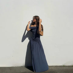 Lunivop Elegant Slash Neck Pleated Dress Women Fashion Off Shoulder Sleeveless Vestidos Summer Chic Female Evening Dresses