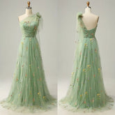 Lunivop High Quality One Shoulder Green Tulle Pleat Appliques Flowers Sleeveless Elegant Dress Women for Wedding Party