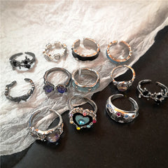 Lunivop Y2K Kpop Crystal Heart Star Adjustable Irregular Geometry Punk Vintage Harajuku Rings Set For Women Girl Fashion Grunge Jewelry