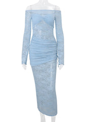 Lunivop Sexy Off Shoulder See Through Lace Women Dress Blue Long Sleeve Maxi Dress Female Spring New Elegant Party Clubwear