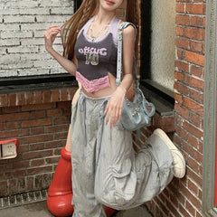 Lunivop Summer New Korean Letter Printed Lace Patchwork Sexy Camisole Women + High Waist Drawstring Striped Pants Two-piece Suit