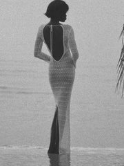 Lunivop Knitted Sexy Hollow Out Maxi Dress For Women Black Long Sleeve See Through Dress Female Slim Casual Party Beachwear 2025