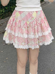 Lunivop Retro Floral Cute Skirts Women High Waist Sweet Japan Mini Skirt Casual Lace Patchwork Vintage Female Elegant Kawaii Skirt