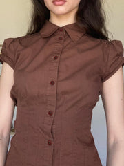 Lunivop American Retro Preppy Brown Shirts Women Button Up Turn Down Collar Puff Sleeve Shirring Pleated Hem Slim Casual Tops