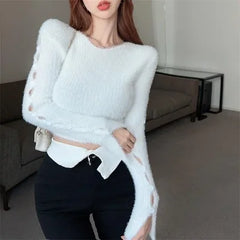 Lunivop Fuzzy Fitted Knit Top for Women Cut-out Buttoned Sleeve Bodycon Crop Sweater Pullovers Teen-girl Autumn Winter Y2K Outfit