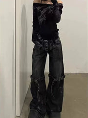 Lunivop Black Women's Jeans High Waist Hip Hop Straight Fashion Pants Streetwear Harajuku Y2K Star Female Wide Leg Denim Trouser