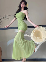 Lunivop Black Patchwork Mesh Sheer Sexy Long Dress Women Elegant Luxury Ruffled Dress Gown Summer Korean Bodycon Party Night Dress