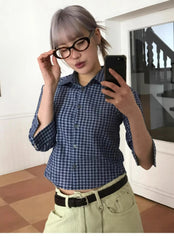 Lunivop Y2k Plaid Shirt Women Three Quarter Casual Shirt Japanese 2000s Grunge Tops Streetwear Summer Shirt Korean Style