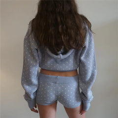 Lunivop Y2K Two Piece Knit Polka Dot Matching Set Zip Up Long Sleeve Cropped Hoodie Cardigans and Shorts Spring Fall Women