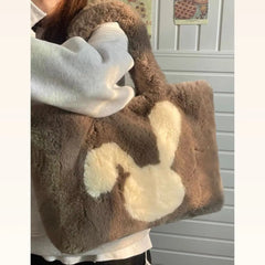 Lunivop Large Capacity Brown Shoulder Bags Women Harajuku Rabbit Pattern Plush Tote Bag Ladies Vintage Casual Handbags Aesthetic