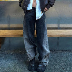 Lunivop Women's Casual Retro Wide Leg Denim Trouser Harajuku Solid High Waist Loose Jeans American Vintage 2000s Baggy Emo Pants