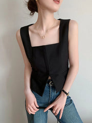 Lunivop Sexy Slit Slim Tanks Women Fashion Cropped Korean Black Tops Casual Elegant Design Square Collar Female Chic Short Tanks
