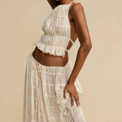 Lunivop Women Boho Sexy Backless Matching Suit 2 Piece Beach Holiday Outfits Vintage Ruched Halter Cami Tops + Maxi Long Skirt Party