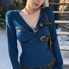 Lunivop High Street Fashion Pleated Belt Casual Long Sleeve T-shirt Women Spring New V-neck Solid Color All Match Slim Knit Tops