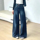 Lunivop Harajuku Wide Leg Jeans for Women Vintage Deep Blue High Waist Full Length Pants Autumn 2000S Streetwear Loose Straight Trousers