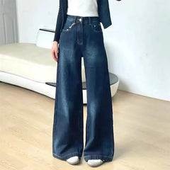 Lunivop Harajuku Wide Leg Jeans for Women Vintage Deep Blue High Waist Full Length Pants Autumn 2000S Streetwear Loose Straight Trousers