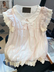 Lunivop Women Cute Striped Shirt Vintage Sweet Lace Bow Flying Sleeve Kawaii Blouse Casual Summer Peter Pan Collar Lady Design Tops