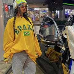 Lunivop 2000s New Women Autumn Brazil Flag Yellow Oversized Hoodies Aesthetic Long Sleeve Pullover Top Vintage Y2k Sweatshirt Streetwear