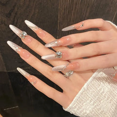 Lunivop 10pcs Handmade High Quality Fake Nails Cat Eye Gradient Press on Nails Wedding Bride Long Rhinestones Decorated False Nails