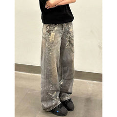 Lunivop Autumn Blue High Street Chain Print Frayed Washed Baggy Jeans Women Y2k 90s Casual Loose Denim Trousers Casual Pants