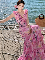 Lunivop French Chic Ruffles Floral Print Dresses For Women Backless Beach Style Cake Dress Female Long Vestidos Summer Maxi Dress