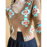 Lunivop Short Sweet Floral Print Slim Fit Crop Tops V Neck Knitted Sweaters Split Pullovers Preppy Style Japanese Korean Vintage Elegant