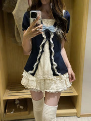 Sweet Japanese Lolita Skirt Sets Women Cute Slim Tops High Waist Skirt Y2K Kawaii Vintage Party Fashion Outfits
