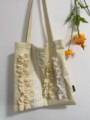 Lunivop Niche Canvas Bag with Lace Design Creamy Yellow Shoulder Retro Sweet Patchwork Cloth Bags