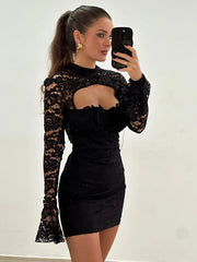 Lunivop Turtleneck Sexy Hollow Out Lace Women Dress Black Flare Sleeve A-line Dress Femme Spring Skinny Elegant Party Club Dress